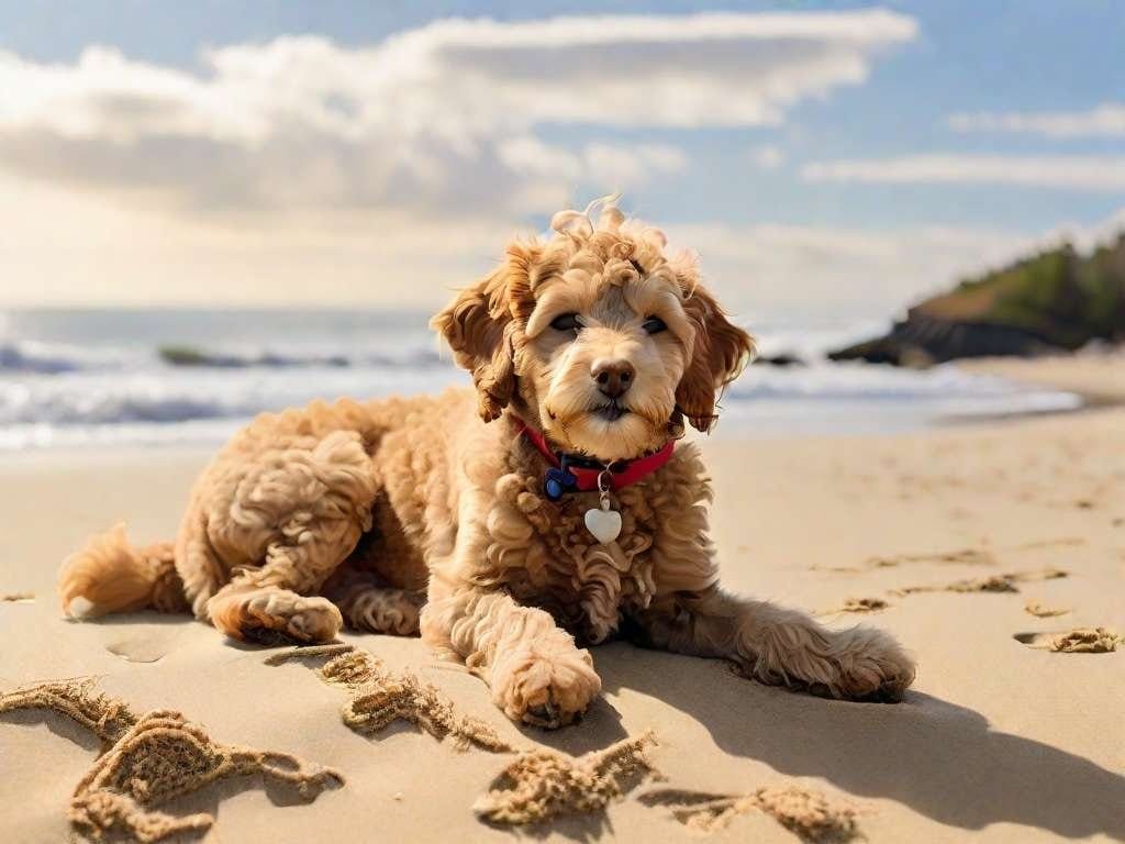 A brown dog laying on a sandy beach.
