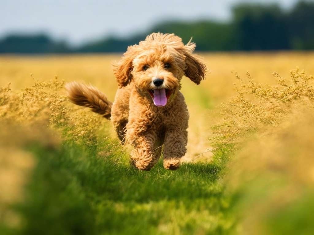 A Mini Goldendoodle running through a field during her heat cycle.