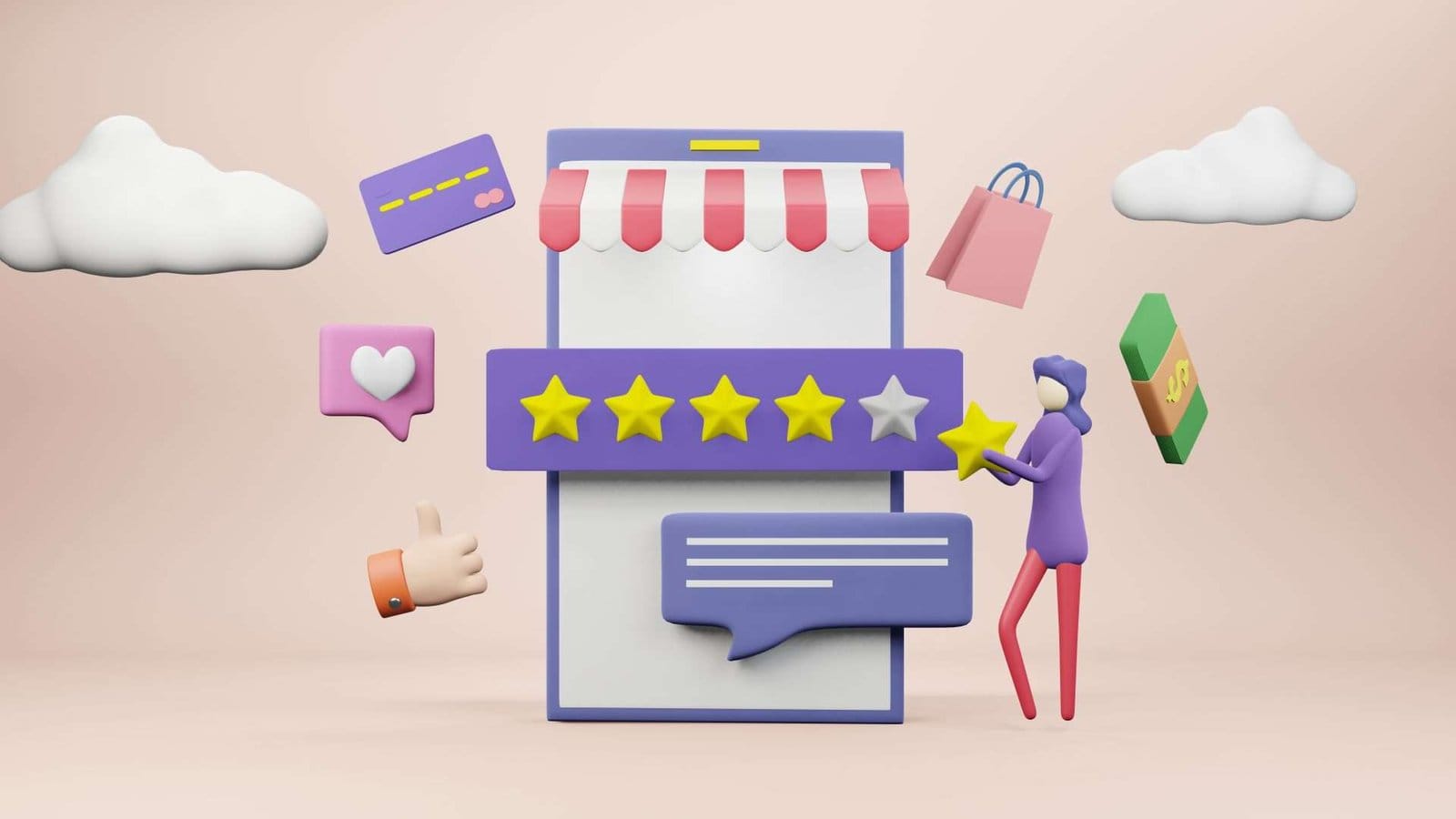 cartoonish store with a cartoon woman holding a rating star, clouds, shopping bag and a thumb up icon